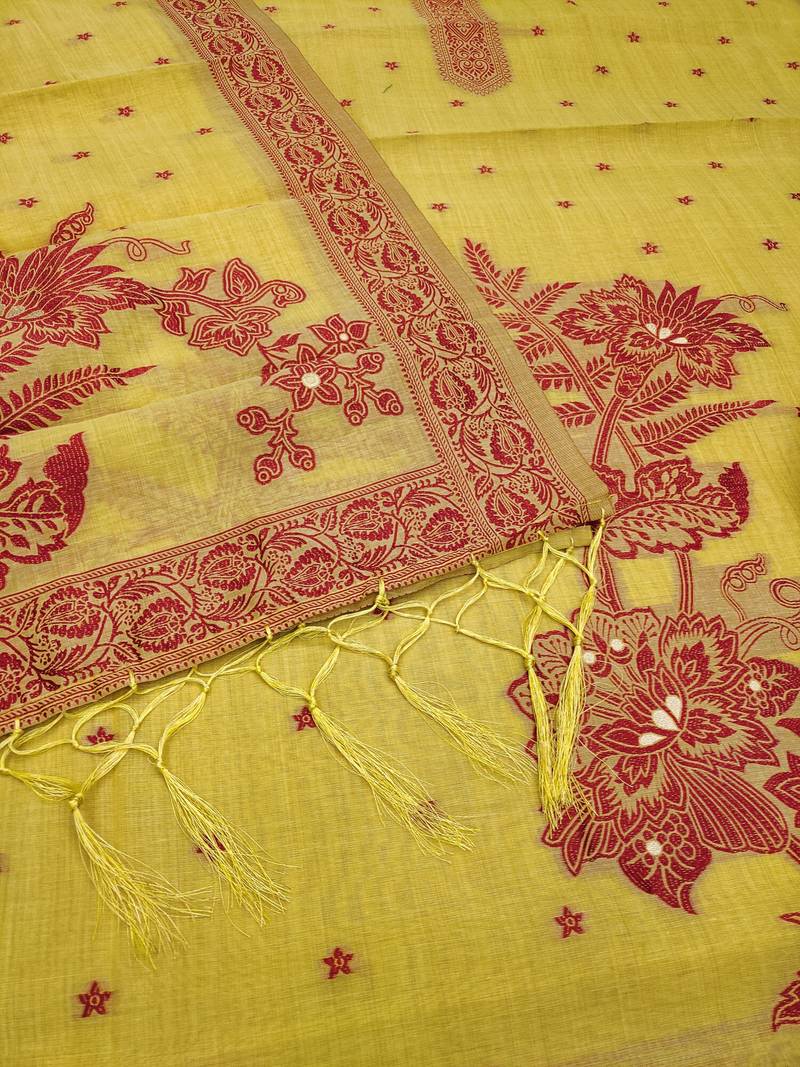 Yellow jamdani silk blend dress material
