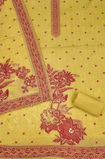Yellow jamdani silk blend dress material