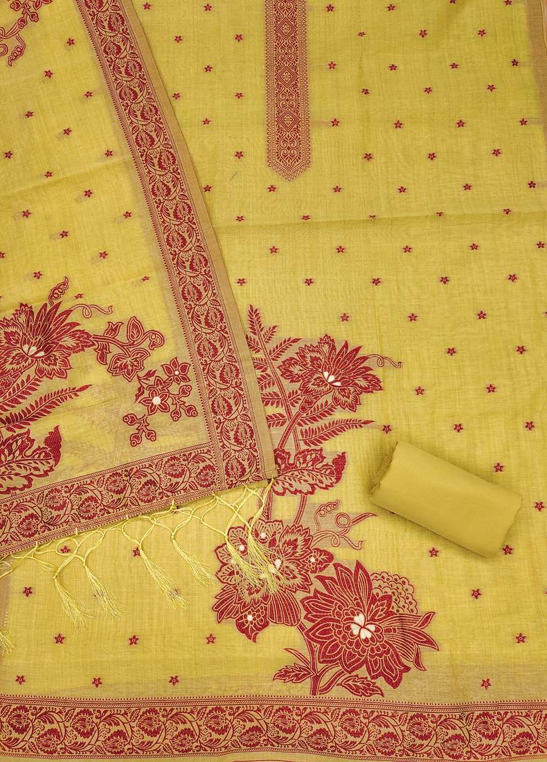 Yellow jamdani silk blend dress material