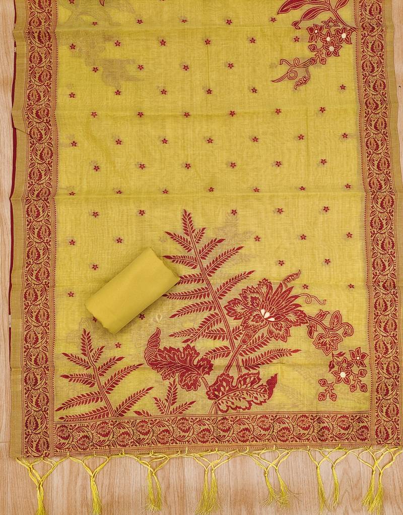 Yellow jamdani silk blend dress material