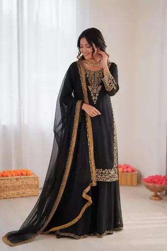 Black georgette thread with sequin palazzo suit