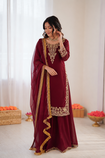 Maroon georgette thread with sequin palazzo suit