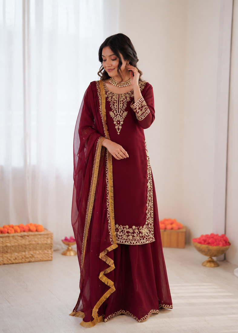 Maroon georgette thread with sequin palazzo suit