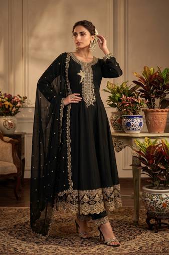 Black premium silk embroidered suit set with silk dupatta