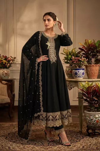 Black premium silk embroidered suit set with silk dupatta