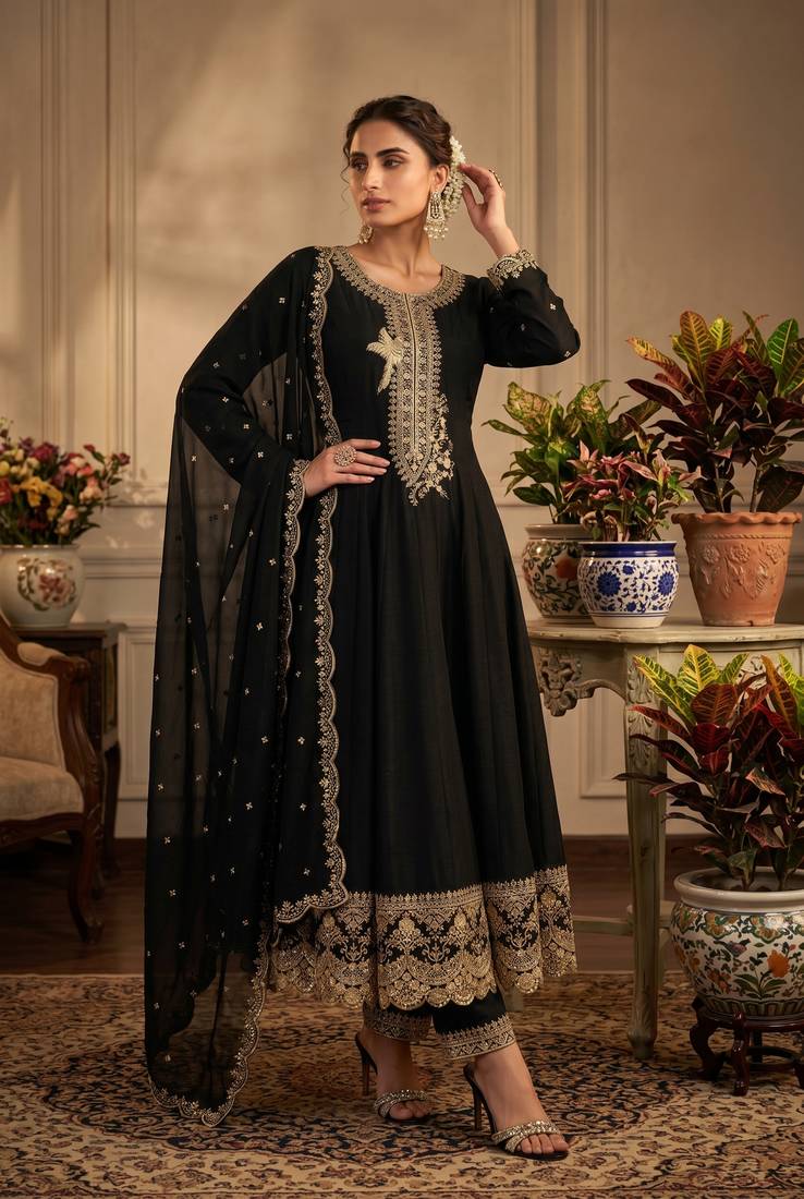 Black premium silk embroidered suit set with silk dupatta