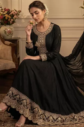 Black premium silk embroidered suit set with silk dupatta