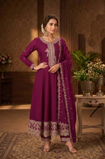 Wine premium silk embroidered suit set with silk dupatta