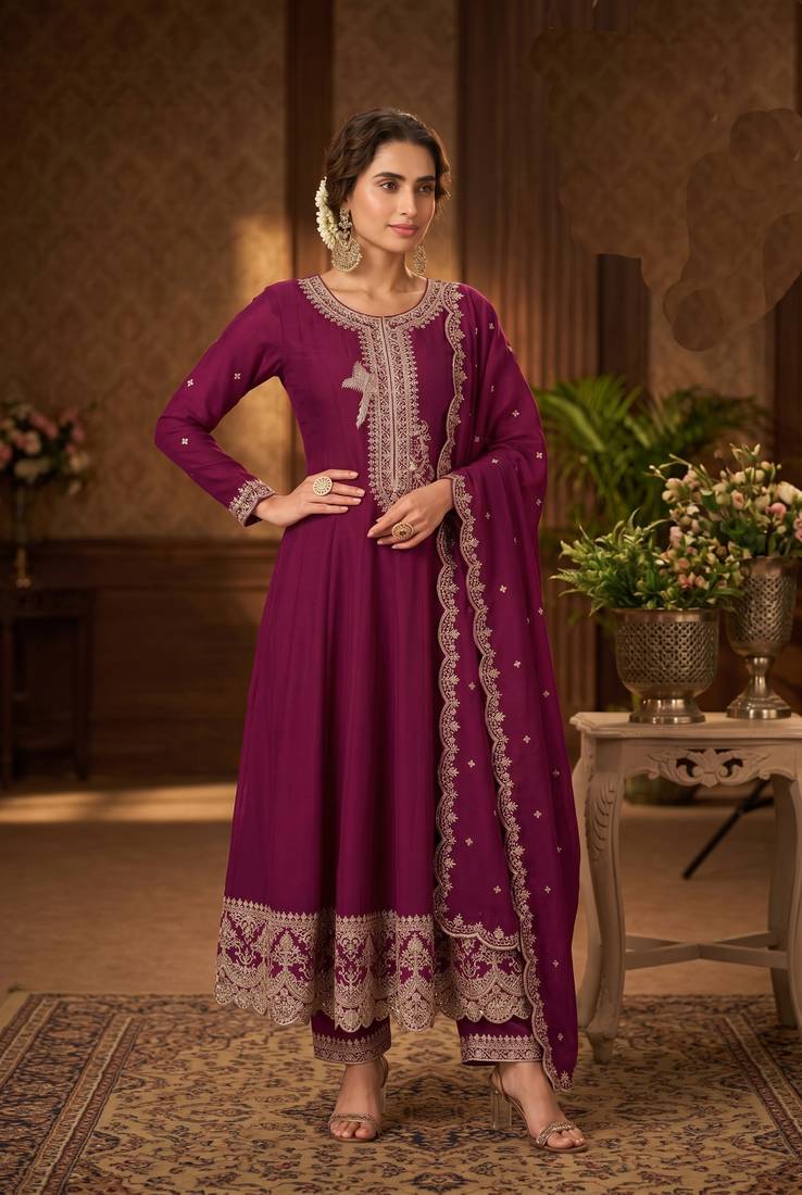 Wine premium silk embroidered suit set with silk dupatta