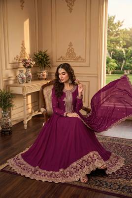 Wine  silk embroidered suit set with silk dupatta 2