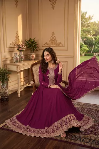 Wine premium silk embroidered suit set with silk dupatta