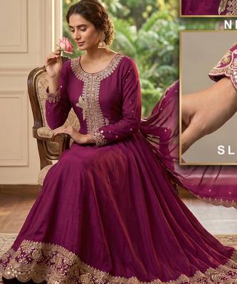Wine  silk embroidered suit set with silk dupatta 3