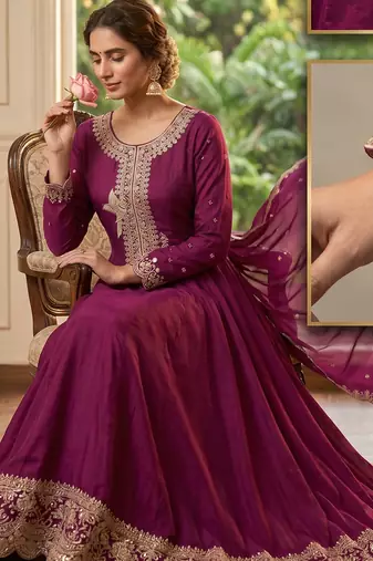 Wine premium silk embroidered suit set with silk dupatta
