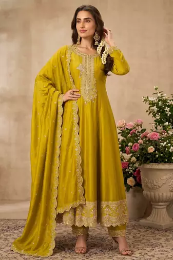 Yellow premium silk embroidered suit set with silk dupatta