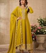 Yellow premium silk embroidered suit set with silk dupatta