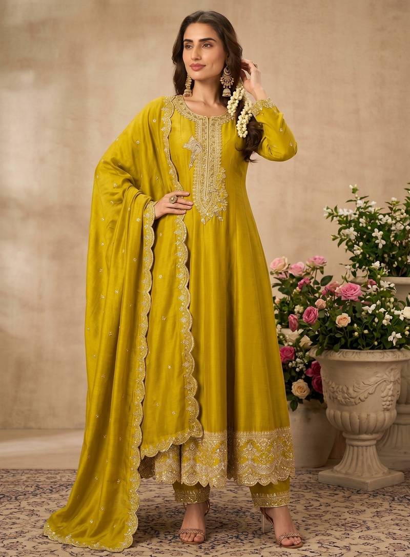 Yellow premium silk embroidered suit set with silk dupatta