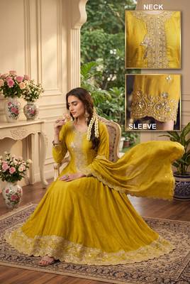 Yellow  silk embroidered suit set with silk dupatta 2