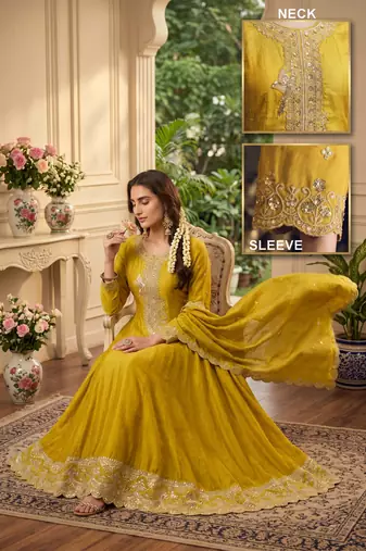Yellow premium silk embroidered suit set with silk dupatta
