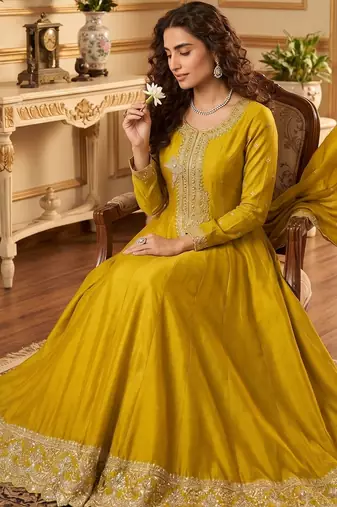 Yellow premium silk embroidered suit set with silk dupatta
