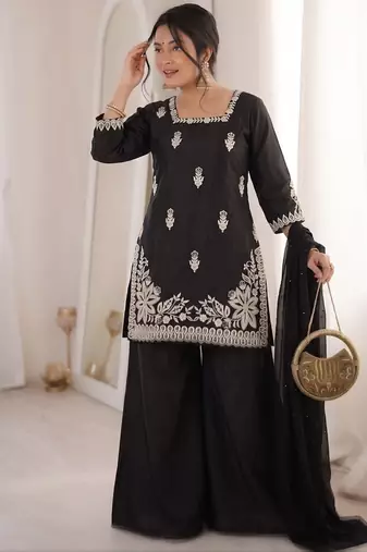 black silk blend sequins embroidered kurta palazzo dupatta set