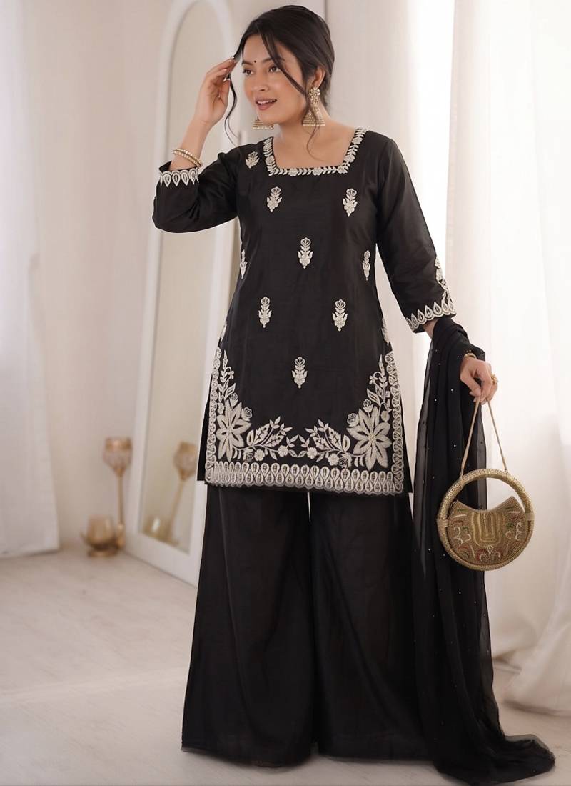 black silk blend sequins embroidered kurta palazzo dupatta set