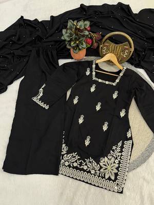 black silk blend sequins embroidered kurta palazzo dupatta set 3