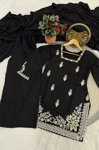black silk blend sequins embroidered kurta palazzo dupatta set