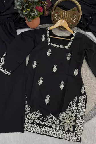 black silk blend sequins embroidered kurta palazzo dupatta set