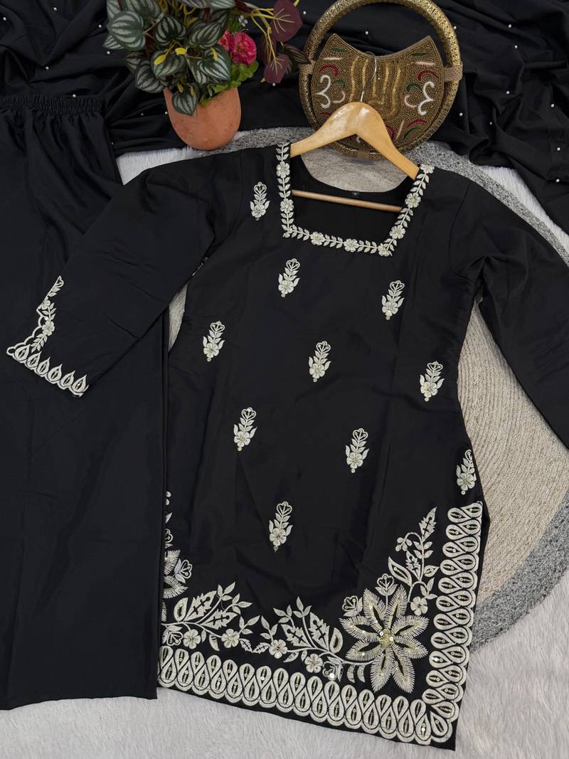 black silk blend sequins embroidered kurta palazzo dupatta set