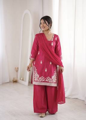 magenta silk blend sequins embroidered kurta palazzo dupatta set 1