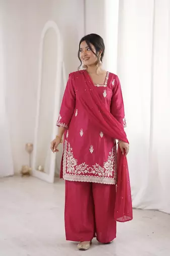 magenta silk blend sequins embroidered kurta palazzo dupatta set