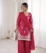 magenta silk blend sequins embroidered kurta palazzo dupatta set