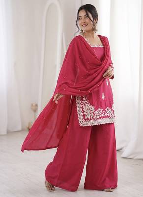 magenta silk blend sequins embroidered kurta palazzo dupatta set 2