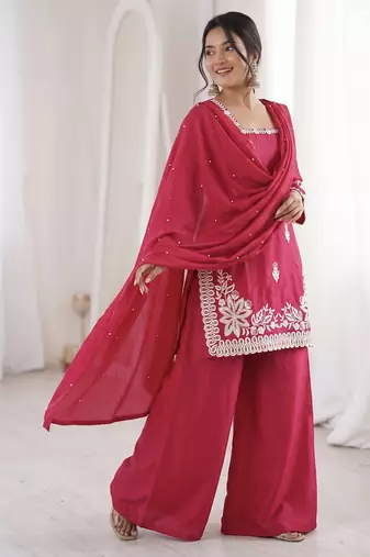 magenta silk blend sequins embroidered kurta palazzo dupatta set