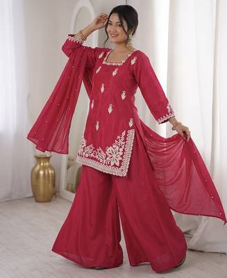 magenta silk blend sequins embroidered kurta palazzo dupatta set 3