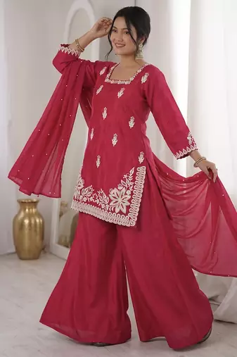 magenta silk blend sequins embroidered kurta palazzo dupatta set