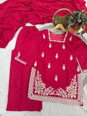 magenta silk blend sequins embroidered kurta palazzo dupatta set 4