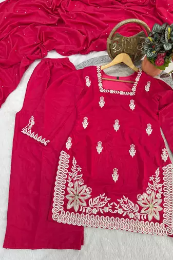 magenta silk blend sequins embroidered kurta palazzo dupatta set