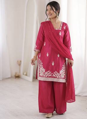 magenta silk blend sequins embroidered kurta palazzo dupatta set 5