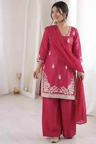 magenta silk blend sequins embroidered kurta palazzo dupatta set