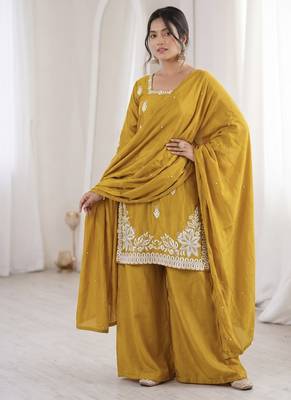 mustard silk blend sequins embroidered kurta palazzo dupatta set 2