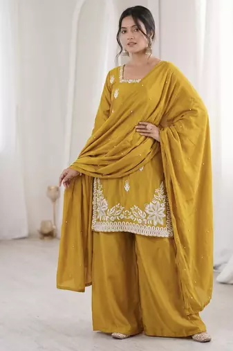 mustard silk blend sequins embroidered kurta palazzo dupatta set