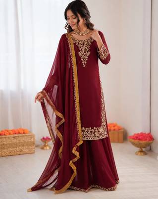 Maroon georgette thread with sequin palazzo suit 2