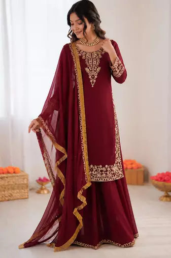 Maroon georgette thread with sequin palazzo suit