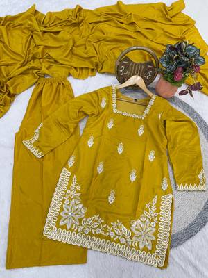 mustard silk blend sequins embroidered kurta palazzo dupatta set 3