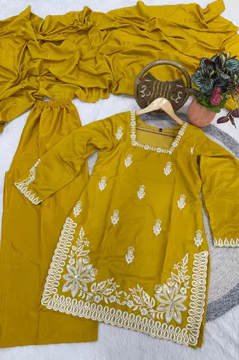 mustard silk blend sequins embroidered kurta palazzo dupatta set