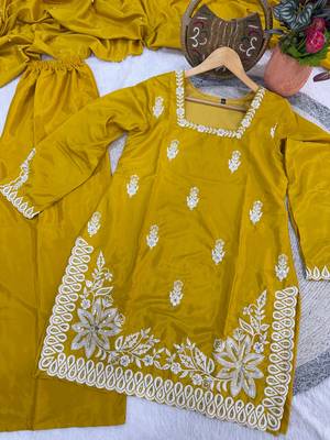 mustard silk blend sequins embroidered kurta palazzo dupatta set 4