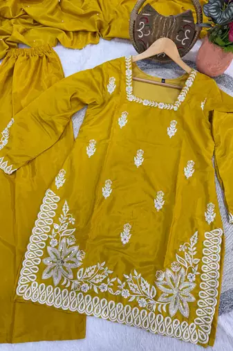 mustard silk blend sequins embroidered kurta palazzo dupatta set