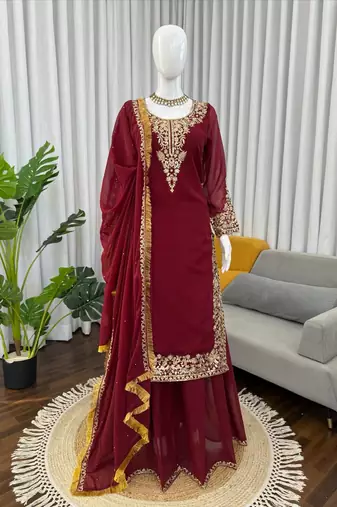Maroon georgette thread with sequin palazzo suit
