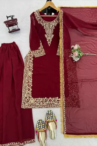 Maroon georgette thread with sequin palazzo suit